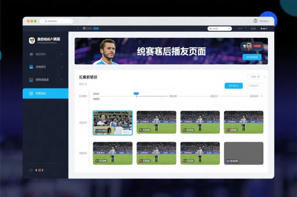 比赛结束后，电视屏幕展示集锦回放页面，旁边有时间轴和多角度切换提示